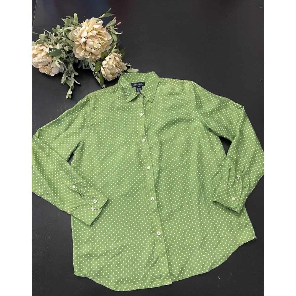 Jones New York Signature Y2k Lime Green White 100% Silk Button Down Blouse Sz M